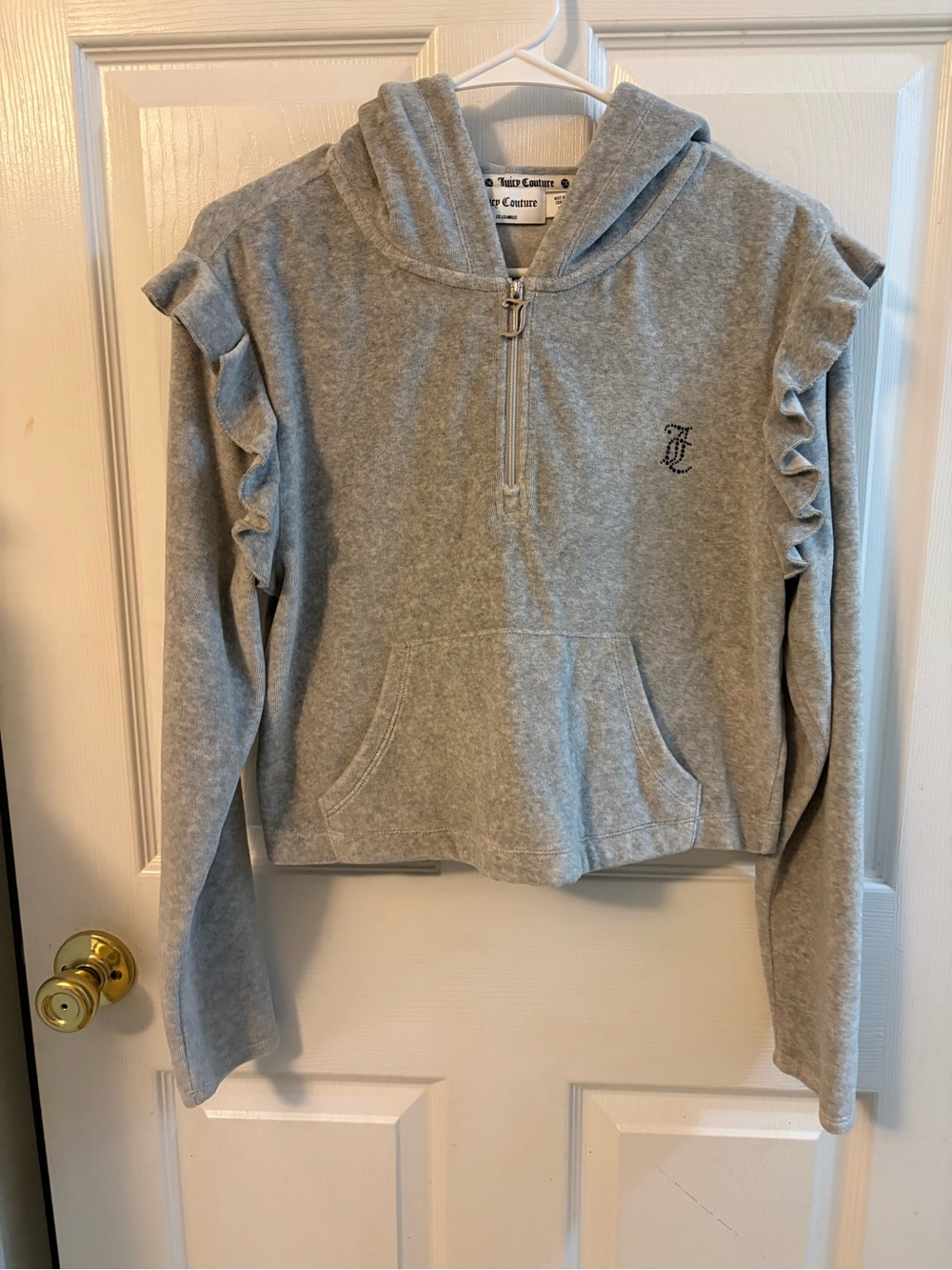 Juicy Couture Crop Ruffle Velour Quarter Zip Hoodie